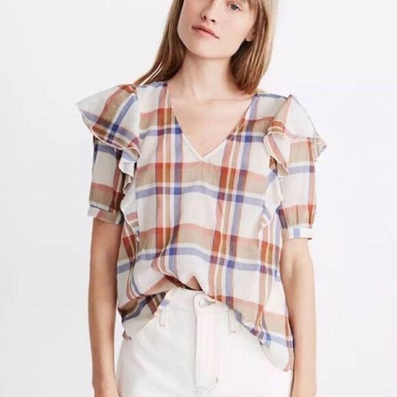 Madewell Plaid Ruffle Sleeve Blouse - Picture 1 of 8